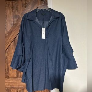 For Cynthia Women’s 100% Cotton Blue Denim Tunic Top, Bell Sleeves, V neck 1X